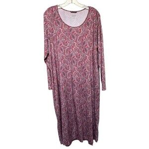 Lands End Women Size XL Purple Paisley Long Sleeve Stretch Pullover Midi Dress